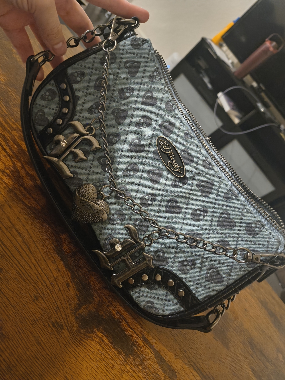 Ed Hardy Blue Heart Print Chain-Accent Shoulder Bag